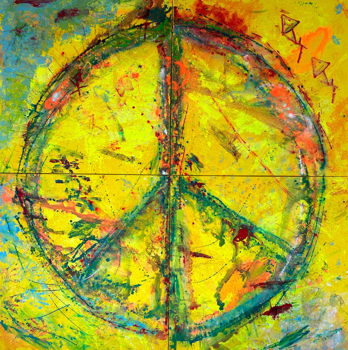 Radiance Origin Großformatige gelb‑grüne Farbkomposition mit präziser Schichtung, energischen Kontrasten und klarer Raumwirkung – Radiance Origin als Tageslichtaufnahme.