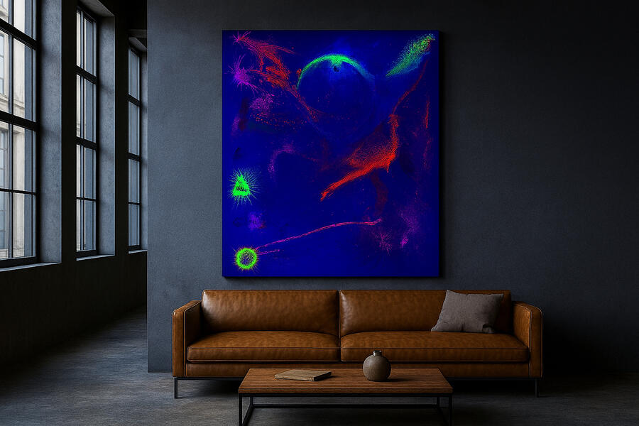 rawcolours – Radiance IV Loft Mock up UV / Blacklightt Radiance IV rawcolours‑Unikat im abgedunkelten Loft unter UV‑Licht, leuchtende Neonfarben und UV‑aktive Pigmente mit starker Strahlkraft