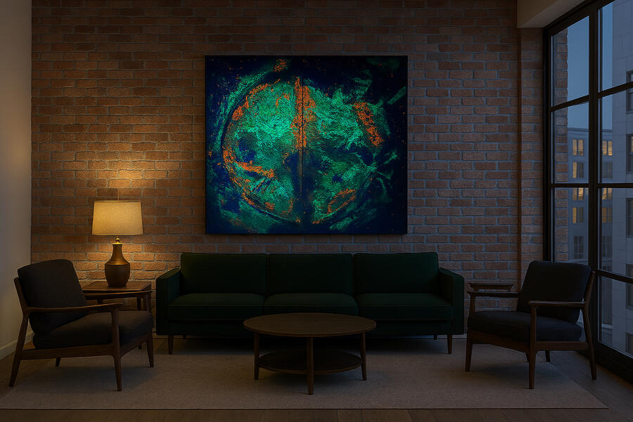 Radiance Origin – UV - Lounge Mockup Dunkle Lounge mit Radiance Origin unter Schwarzlicht; UV-Farben leuchten tief und verdichtet.