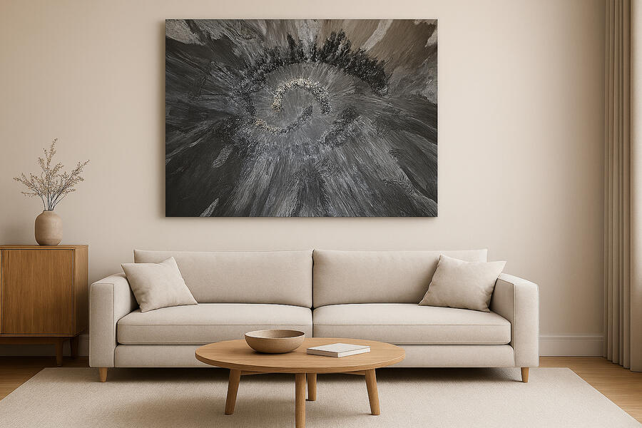 rawcolours – Radiance IV Ansicht im Loft (Tageslicht) Radiance IV über Sofa im hellen Loft, ruhige Wohnraumszene