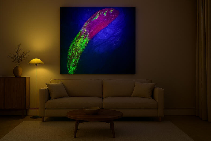 rawcolours – Radiance III UV‑Ansicht im Loft (Bright‑Mid) Radiance III unter UV‑Licht, Loft klar erkennbar, Bright‑Mid